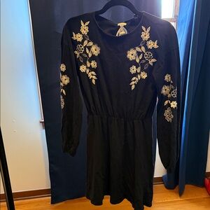 Topshop Black Long Sleeve Dress with Cream Floral Embroidery